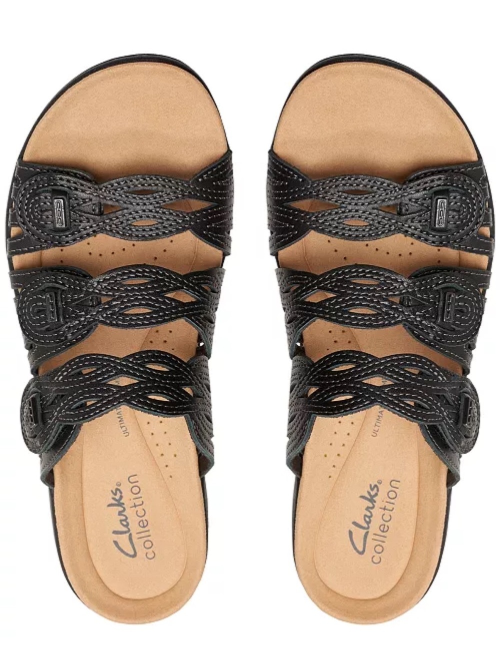 Clarks Laurieann Black Leather Woven Triple-Strap Slide Sandals Size 7
